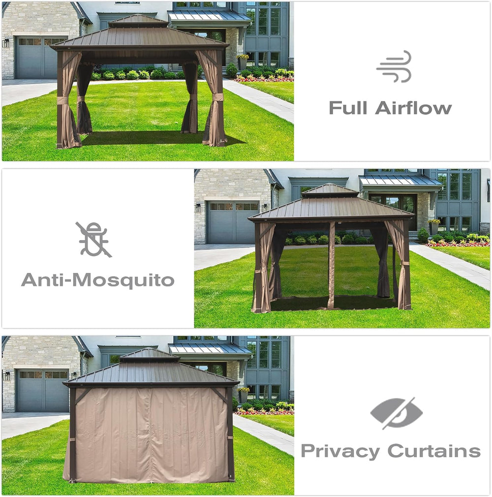 Domi 12x12 Outdoor Hardtop Gazebo, Metal Gazebo for Patios, Brown