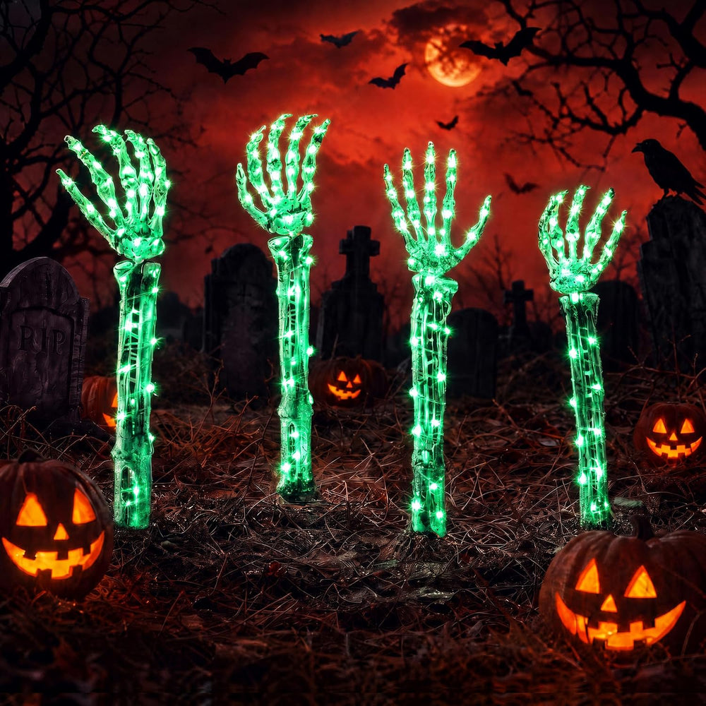 Halloween Skeleton Arm Stakes 4‑Pack, 160 Green LED Battery‑Powered Lights