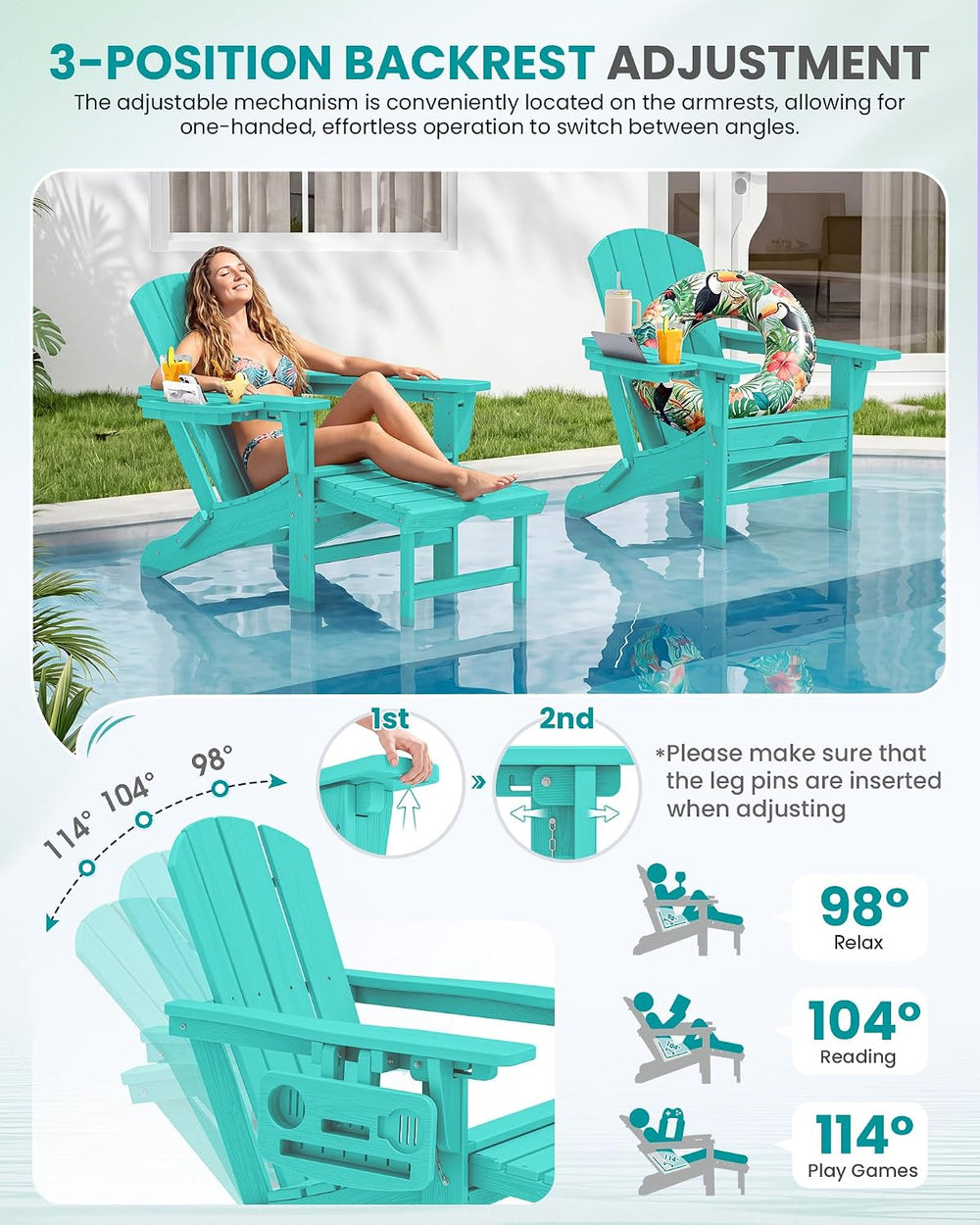 SERWALL Folding Adjustable Adirondack Chairs with Footrest Set of 2, HDPE Out...