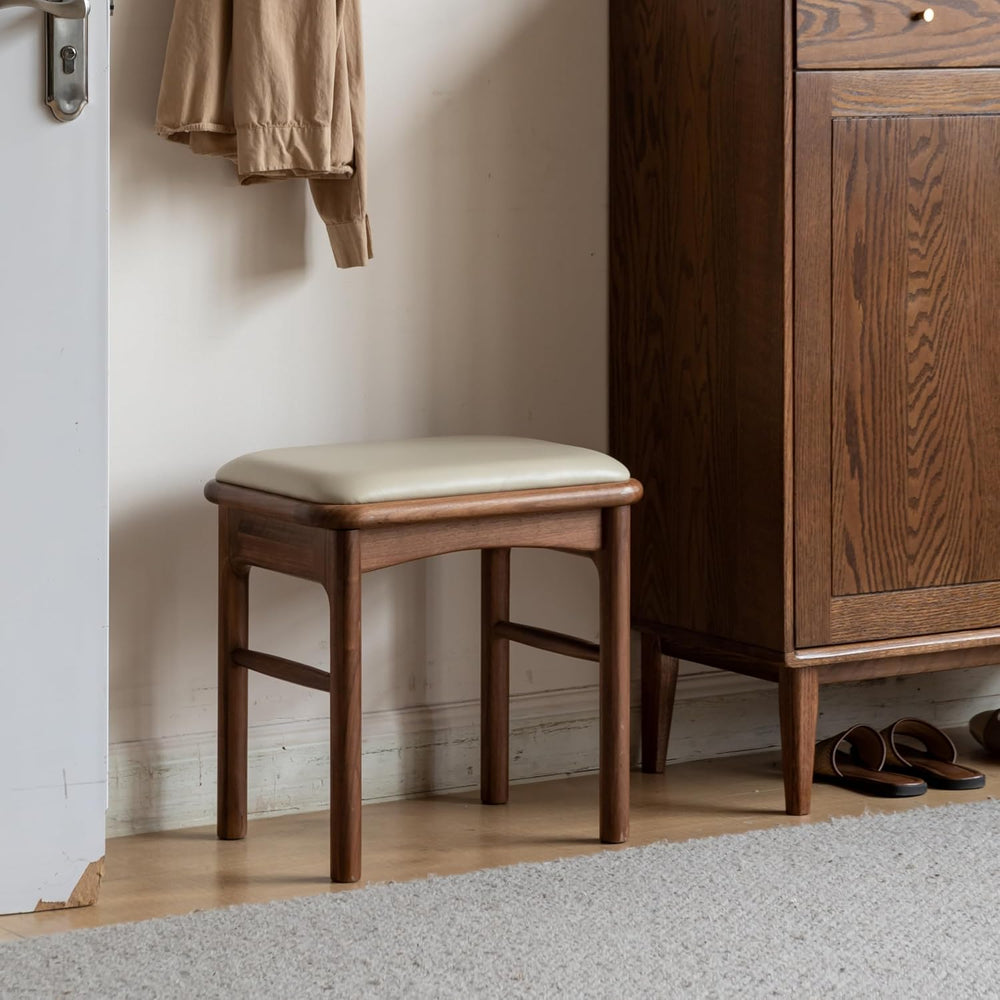 Upholstered Stool with Solid Wood Leg, Leather Padded Dining Ottoman Walnut F...