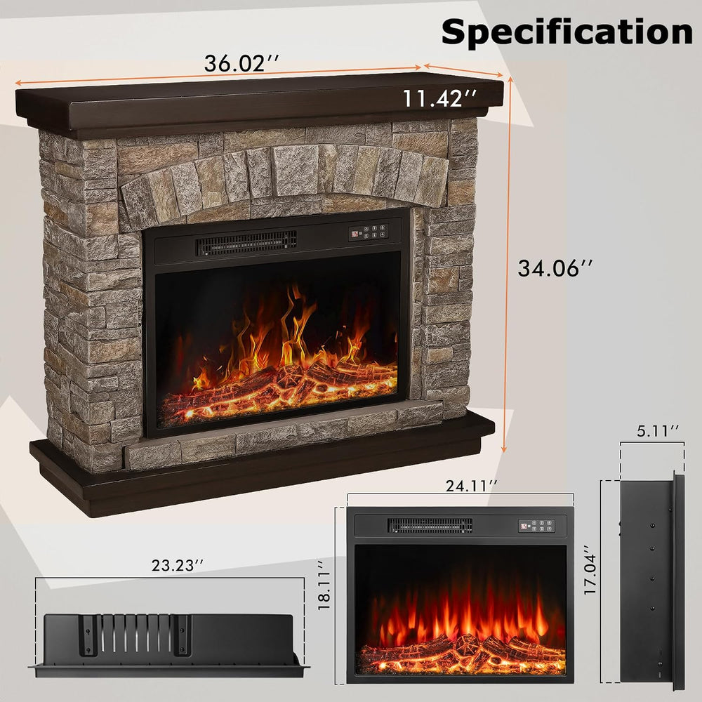 PUKAMI 36 inch Electric Fireplace with Mantel, Realistic Stone Finish Freesta...