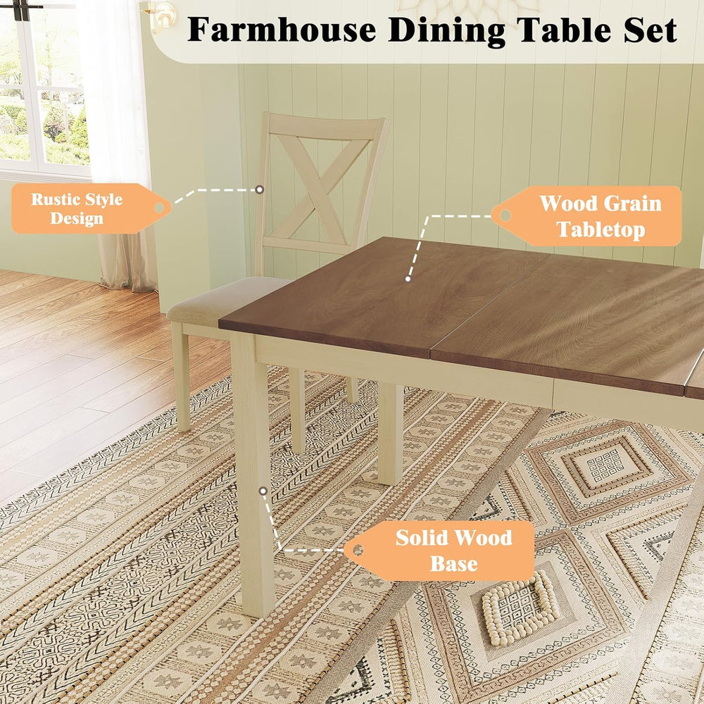 LUXOAK 7-Piece Farmhouse Kitchen Table and Chairs Set for 6, Rustic Cream