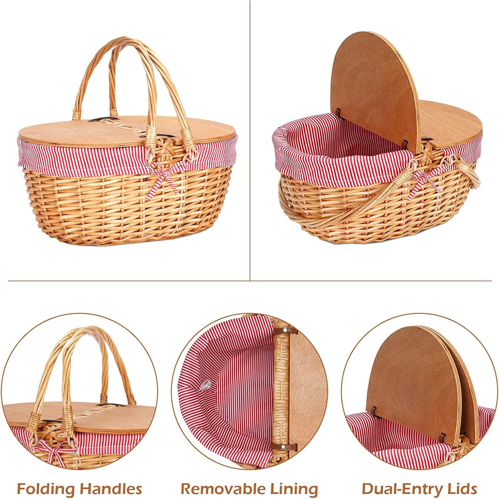Wicker Picnic Basket with Liner, Wooden Split Lid Picnic Basket, Red