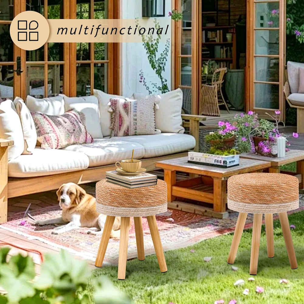 Handwoven Outdoor Ottoman, Water Hyacinth Pouf Round Patio Footstool with Woo...