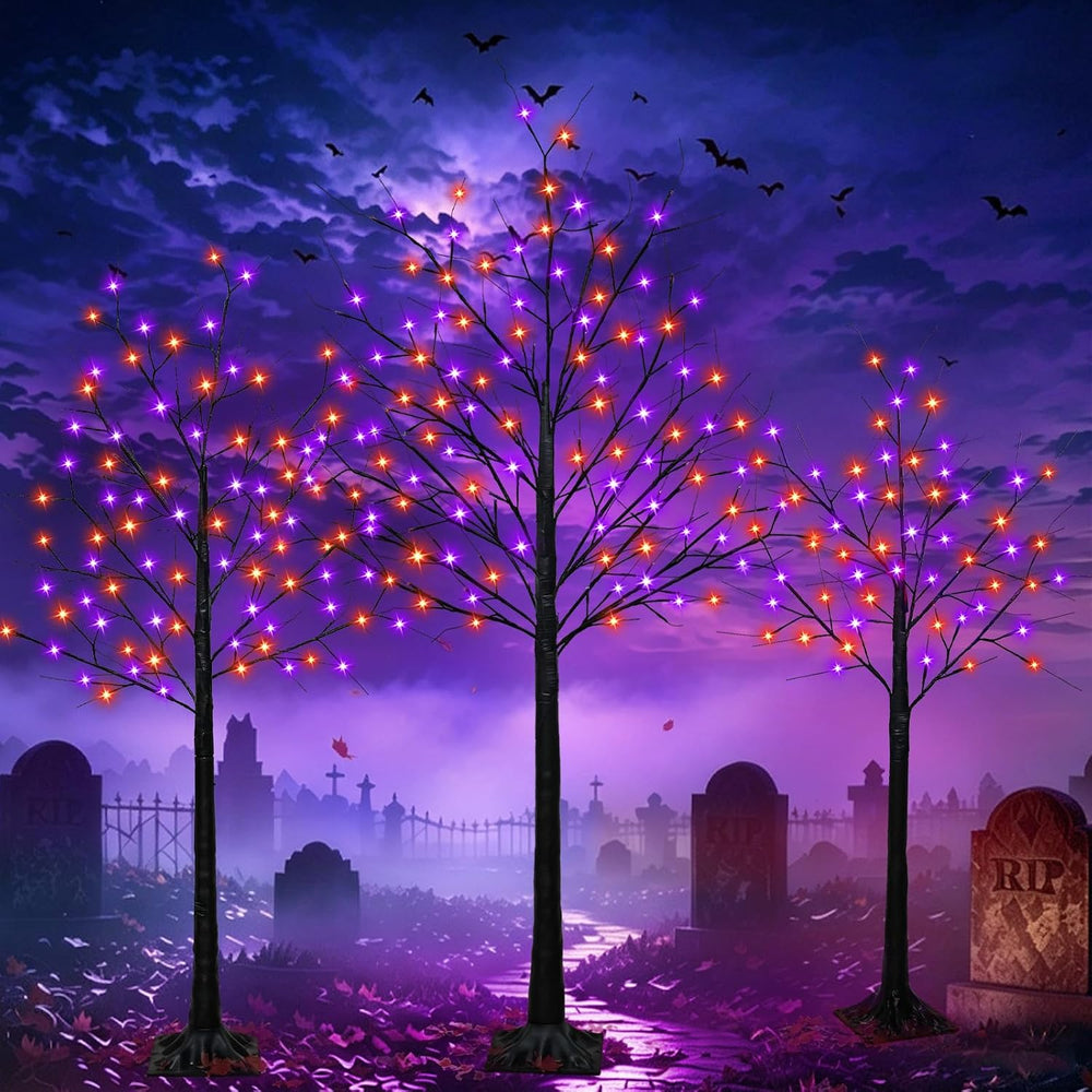 Set of 3 Lighted Black Halloween Tree Lights 4/5/6FT 300 LED Orange Purple