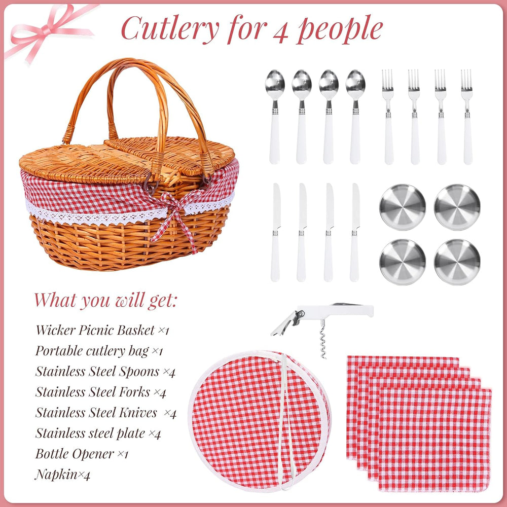 Wicker Picnic Basket with Handle, 15" Large Picnic Basket