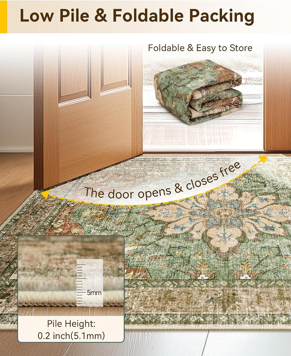 RELEANY Washable Area Rug, 4'x6', Brick/Brown/Green