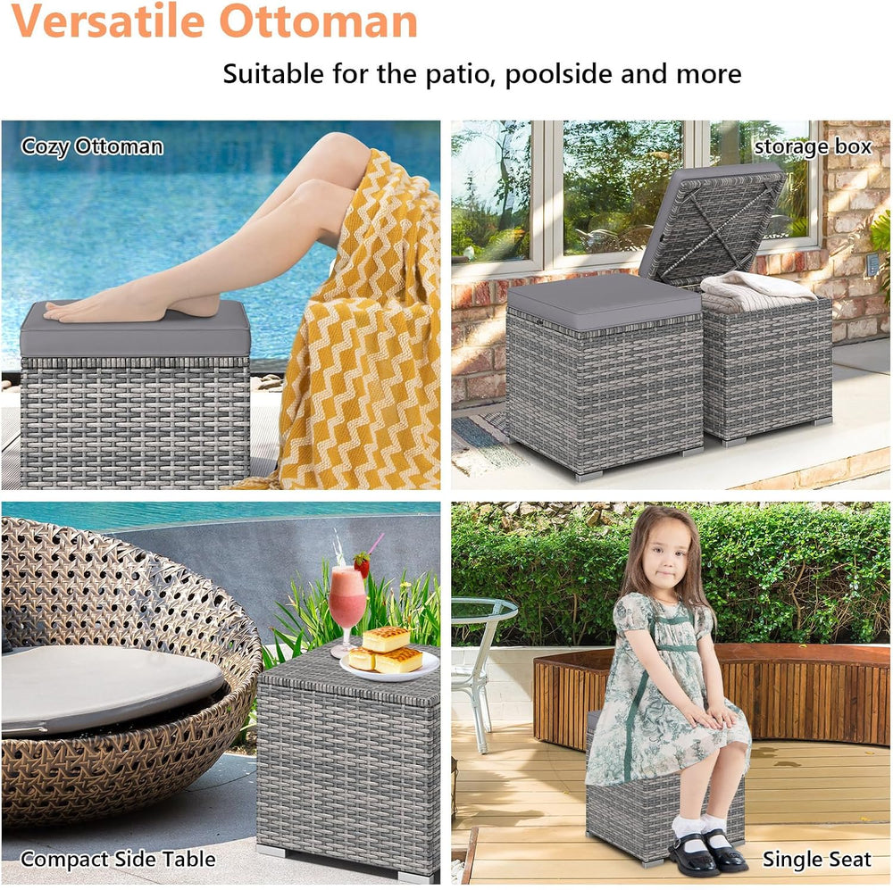 Tangkula 2 Pieces Patio Ottomans, Patiojoy Hand-Woven PE Rattan Side Table wi...