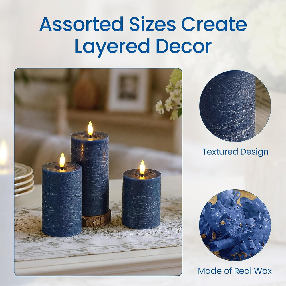 Set of 4 Navy Blue Real Wax Flameless Candles with Remote, Long Lasting Batte...