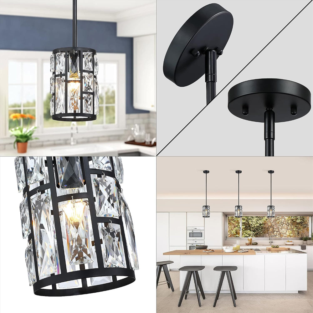 MEXO Modern Crystal Pendant Light Fixture 2-Pack Matte Black Finish Hanging L...