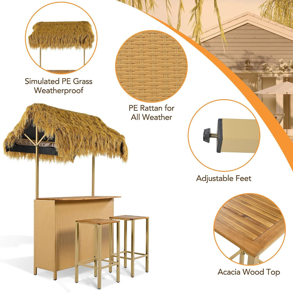 LUMISOL 3pcs Outdoor Bar Set, Hawaiian Style Bar Height Patio Set with PE Gra...