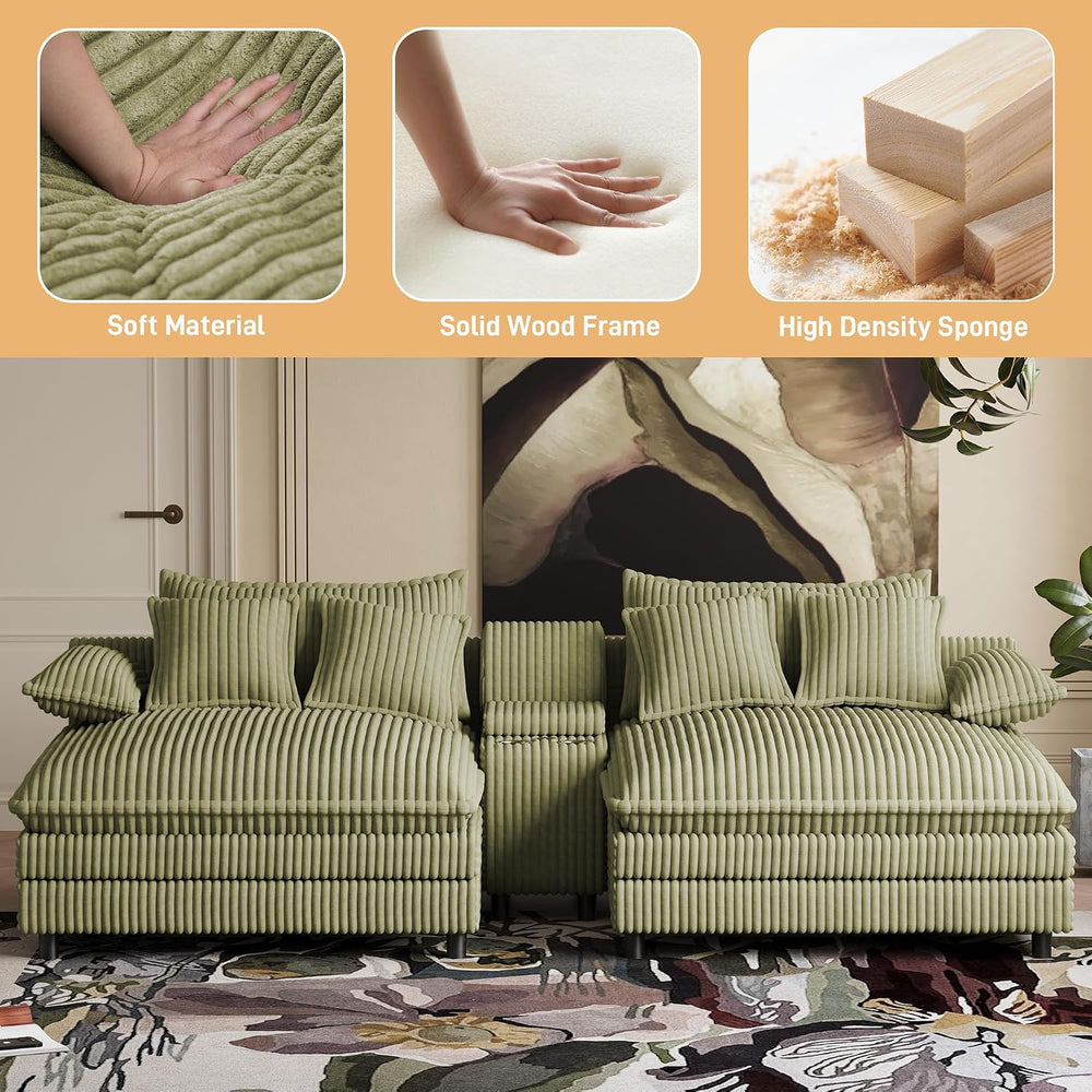 114" Oversized Double Chaise Lounge, Corduroy Sofa Bed with Storage,Green