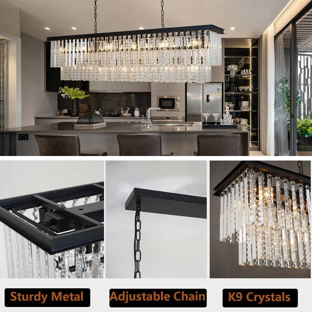 Modern Black Rectangular Chandelier, Double Layer Crystal Lighing Fixture