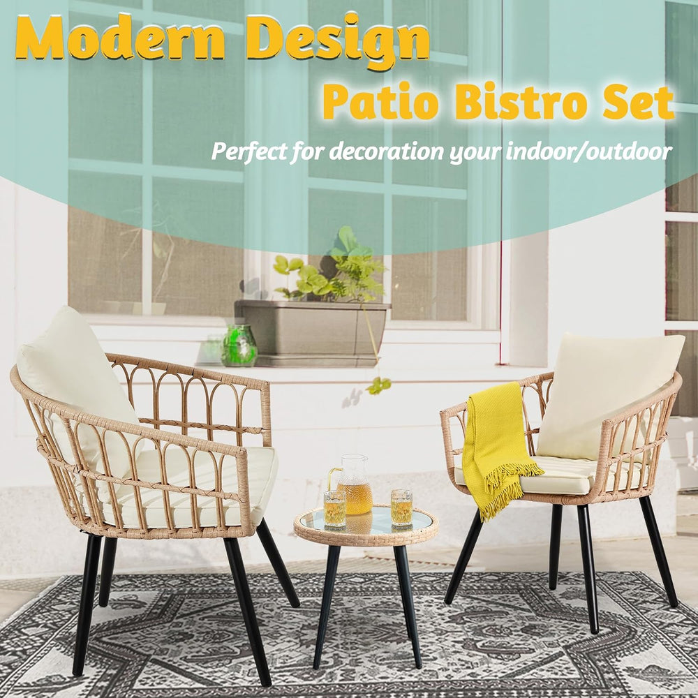 FHFO 3 Piece Patio Bistro Set, Wicker Table and Chairs Set of 2, Beige