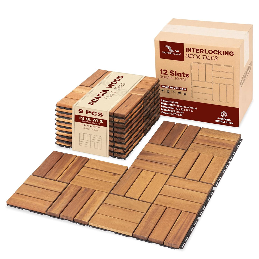 Acacia Interlocking Deck Tiles, 9 PCS Wood Flooring, 12 Slats, Honey Oak