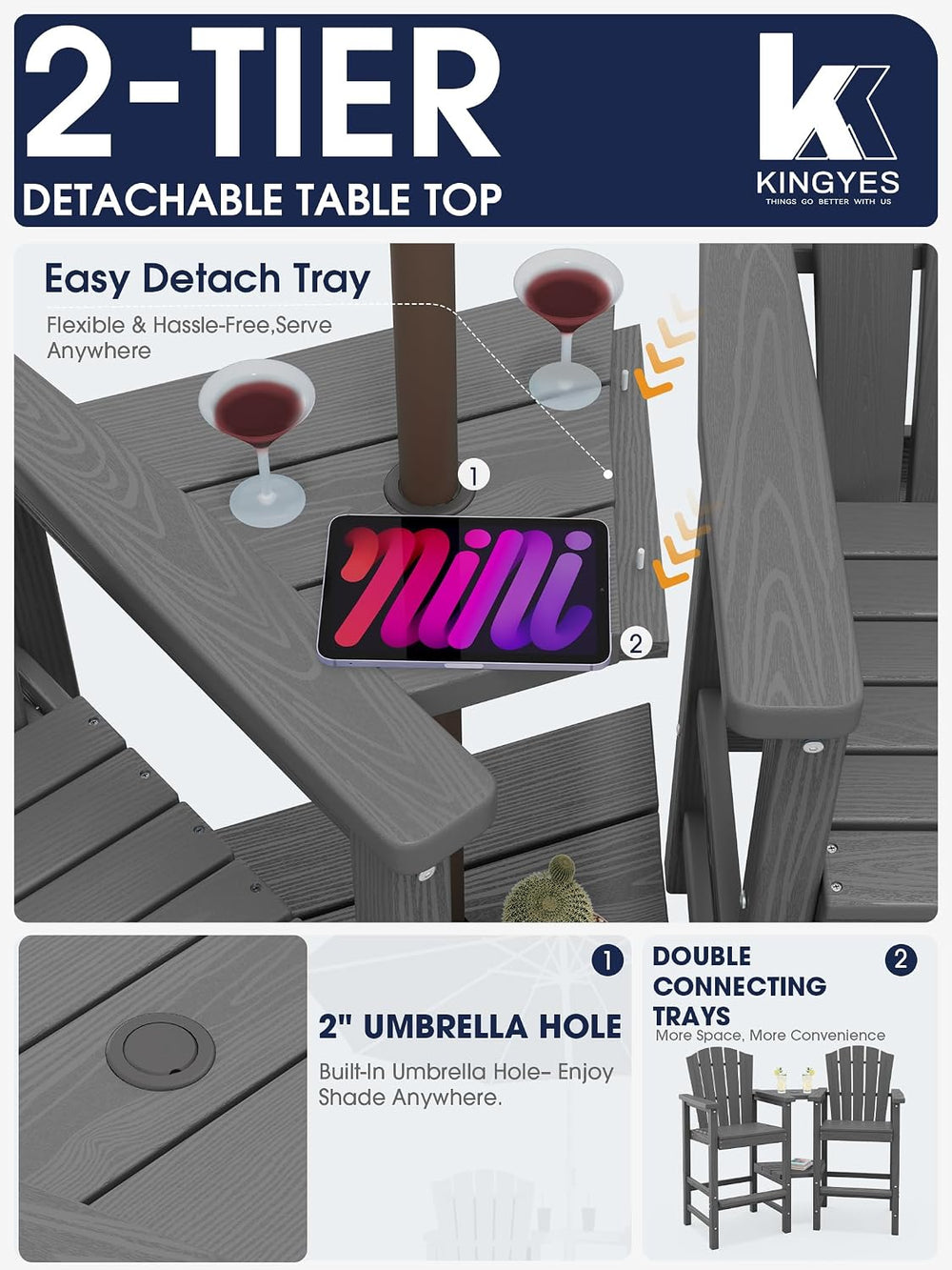 KINGYES Tall Adirondack Chair Set of 2 with Double Connecting Trays, Gray