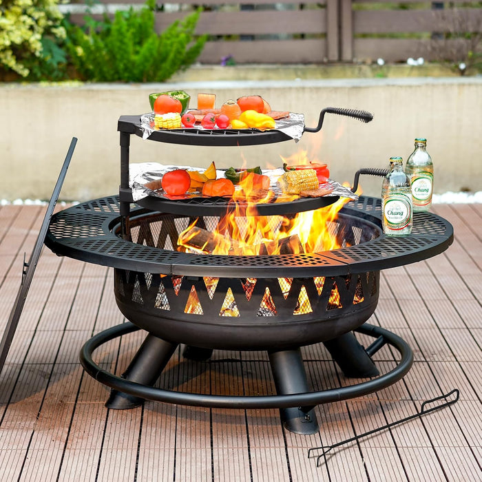 36 Inch Outdoor Fire Pit with 2 Grills,Wood Burning Outside Large Fireplace
