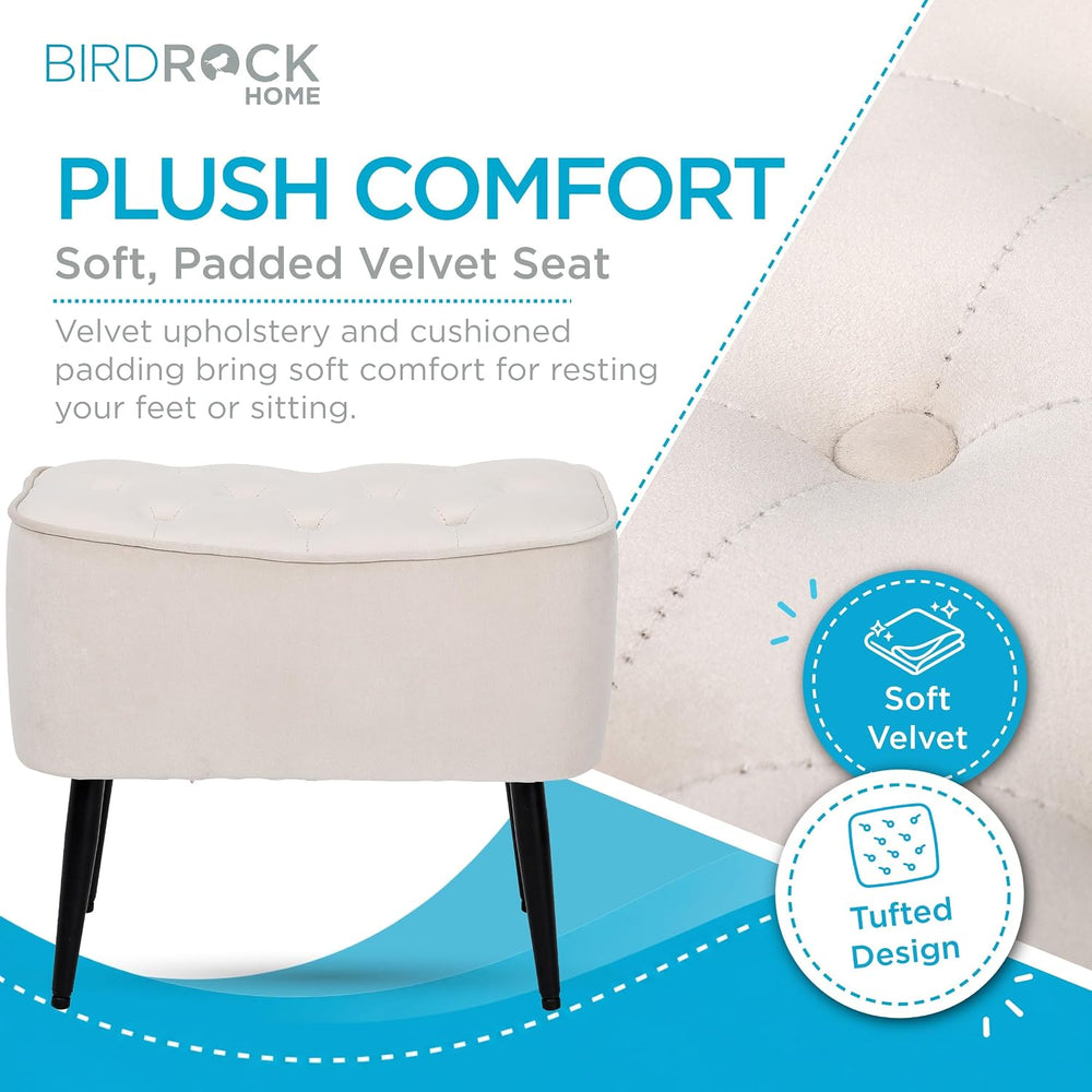 BIRDROCK HOME Tufted Curve Ottoman Velvet Foot Stool - Modern Upholstered Pad...