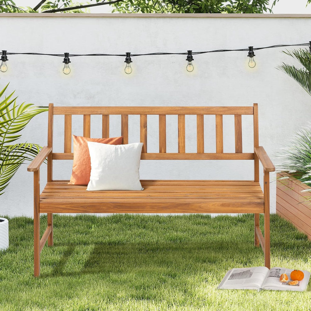 Dkeli Patio Wood Bench Park Garden Outdoor Bench with Armrests Sturdy Acacia ...