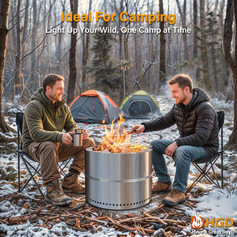 HGD 19.6 Inch Smokeless Firepit with Grill, Portable Wood Burning Fire Pit fo...