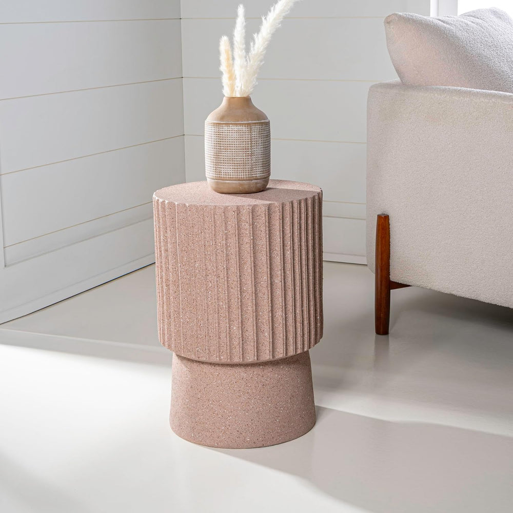 JONATHAN Y Louisa Outdoor Accent Table 19" Fluted Polyresin, Pink Terrazzo
