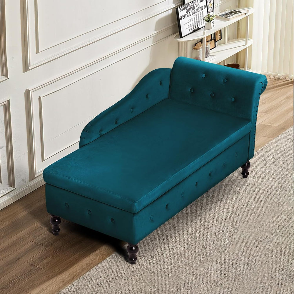 Velvet Chaise Lounge w/Right Armrest & Storage Space, Teal