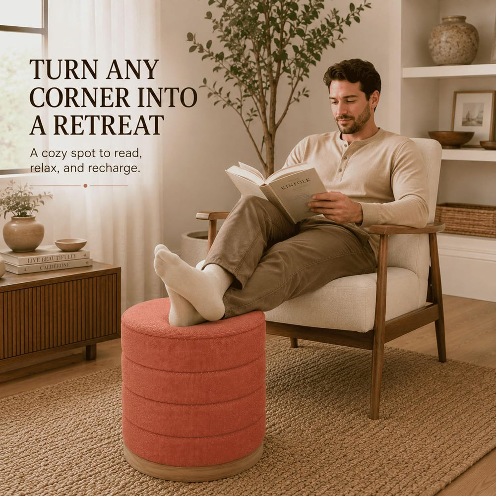 Linen Storage Ottoman Round Footrest with Hidden Storage, Coral Orange 16&quo...