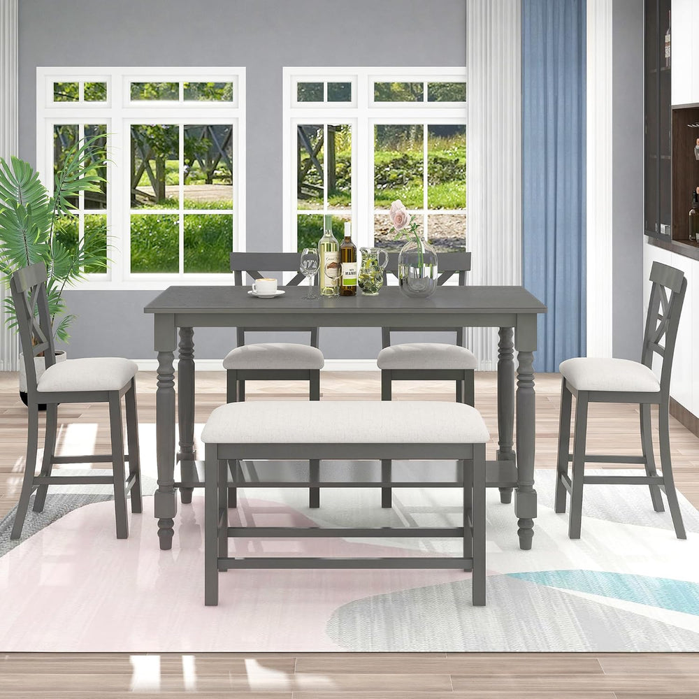 LUMISOL Counter Height Kitchen Table Set with Bench and Chairs for 6 Rustic S...