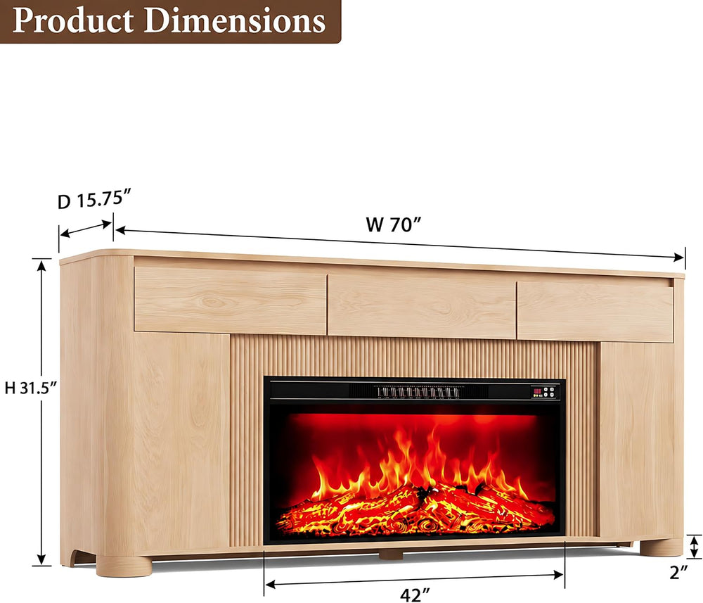 YANSNWO 70" Fireplace TV Stand for TVs Up to 80", Natural Oak