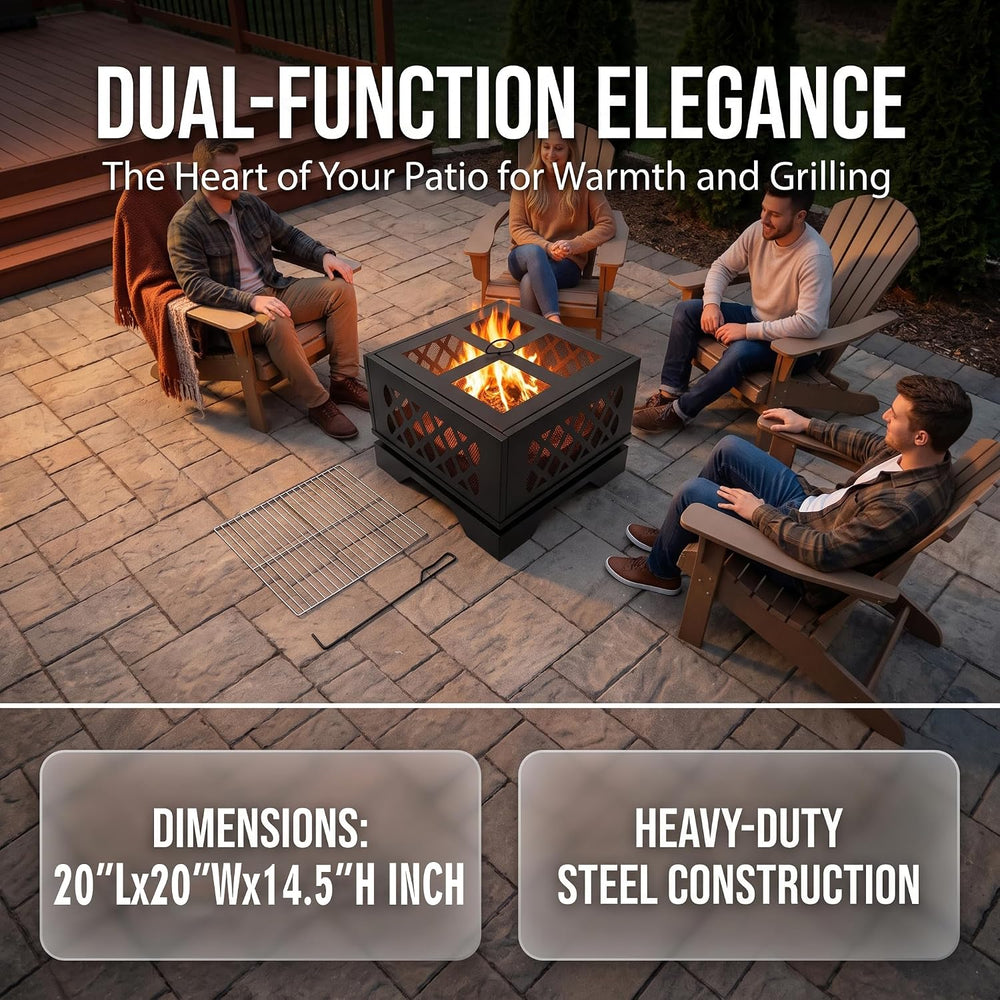 Kingson 20" Square Outdoor Fire Pit, 2-in-1 BBQ Grill, Heavy-Duty Steel