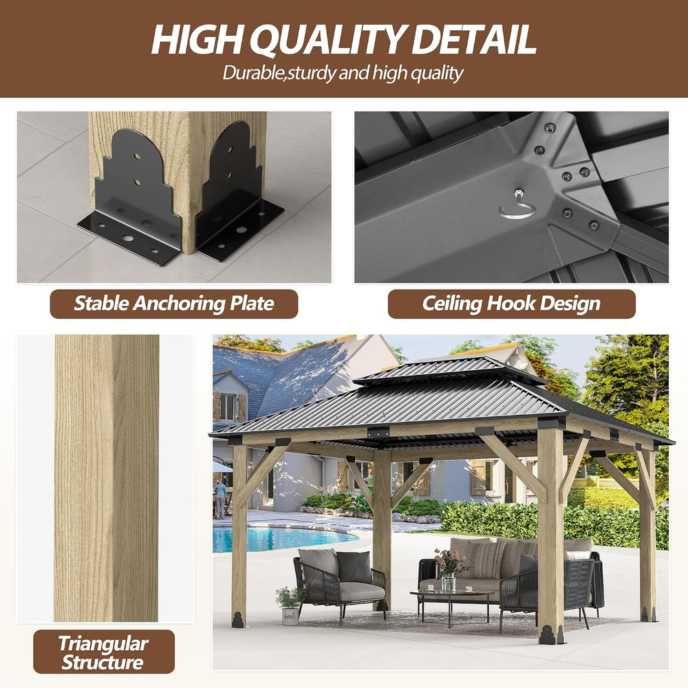 13x15 FT Wood Gazebo,Outdoor Wooden Hardtop Gazebo with Galvanized Steel Doul...