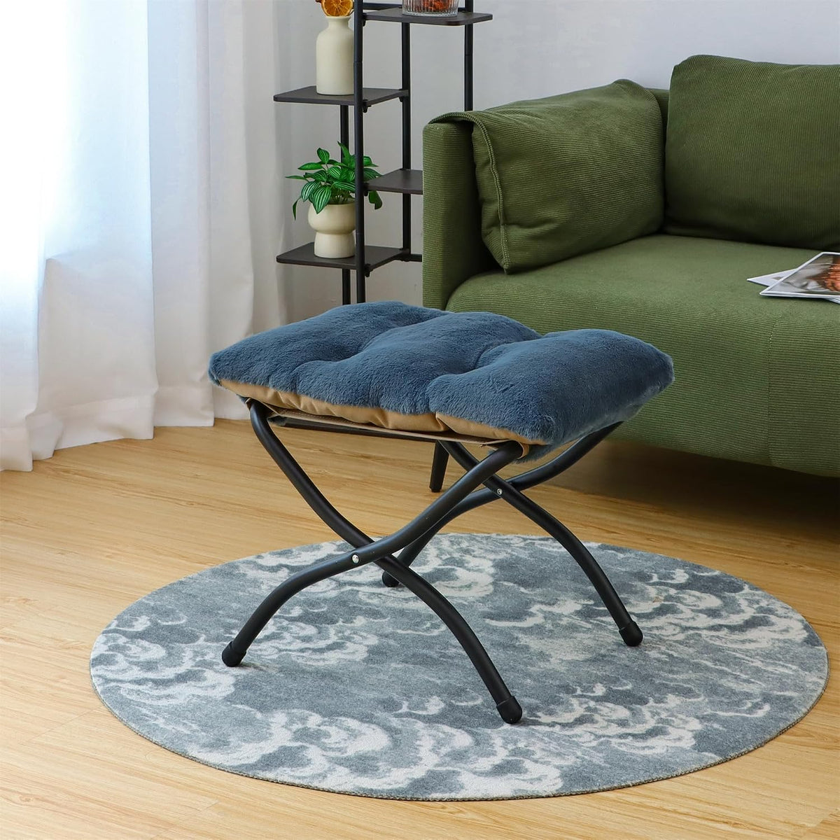 15"(h) folding ottoman, foldable footrest stool, portable small shown in use