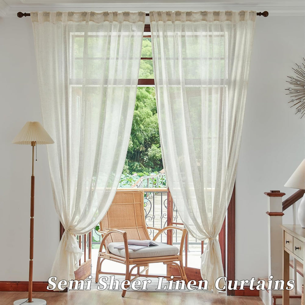 Natural Linen Beige Sheer Curtains 96 Inches Long for Living Room Farmhouse R...