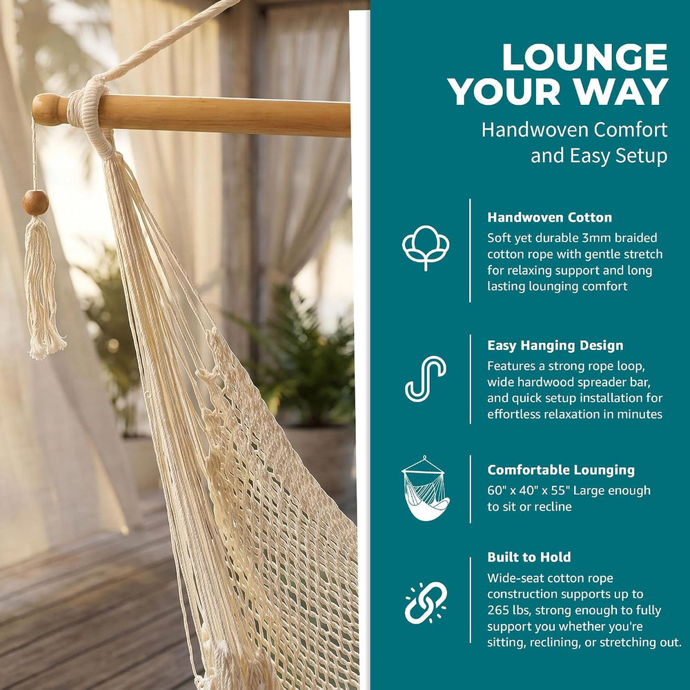 Bliss Hammocks Tahiti Rope Hammock Chair with Spreader Bar, Natural, 265 Lb