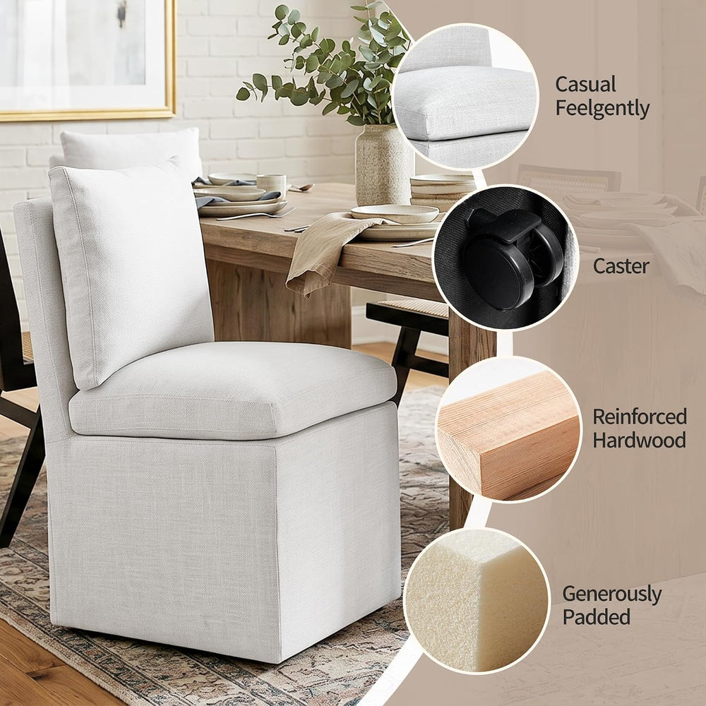 DUHOME Upholstered Armless Dining Chair with Casters,Linen Accent Chair for L...
