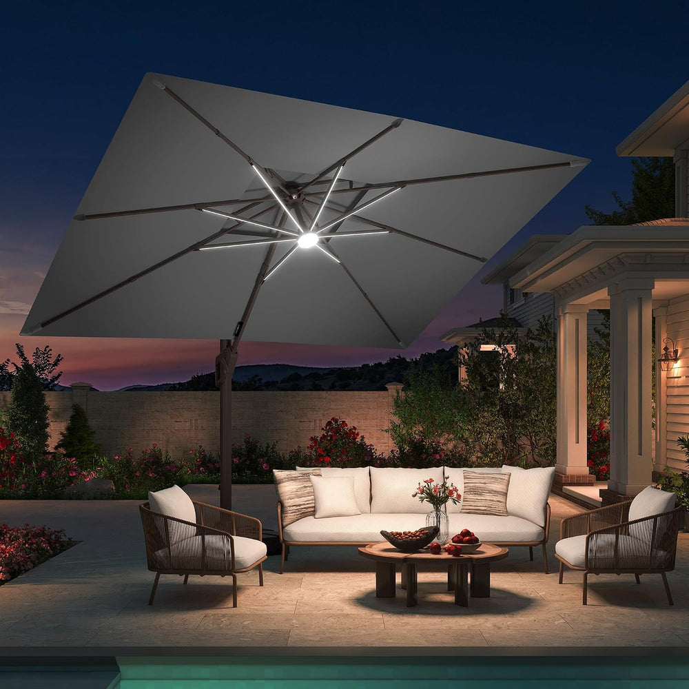 10 X 13 FT Cantilever Patio Umbrella with Base & Lights