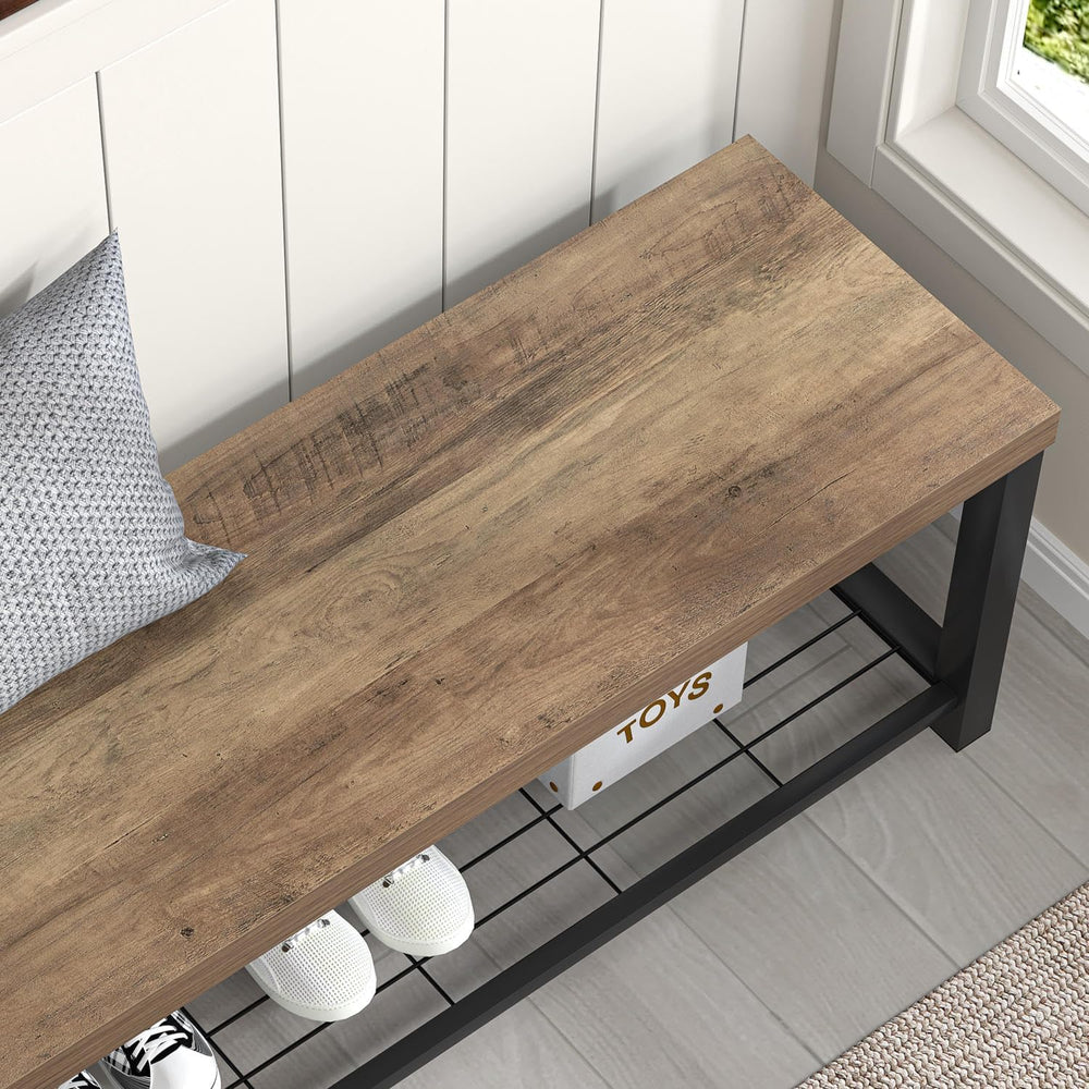 FOLUBAN Entryway Bench, Industrial Wood and Metal Storage Bench with Metal Sh...