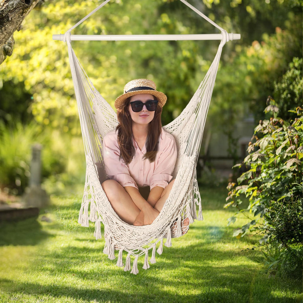 Handwoven Cotton Rope Hammock Chair with Metal Spreader Bar, Boho Hanging Cha...