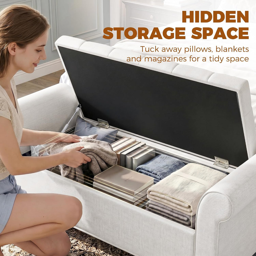 HOMCOM 47" Storage Ottoman End of Bed Bench with Rolled Arms Cream White