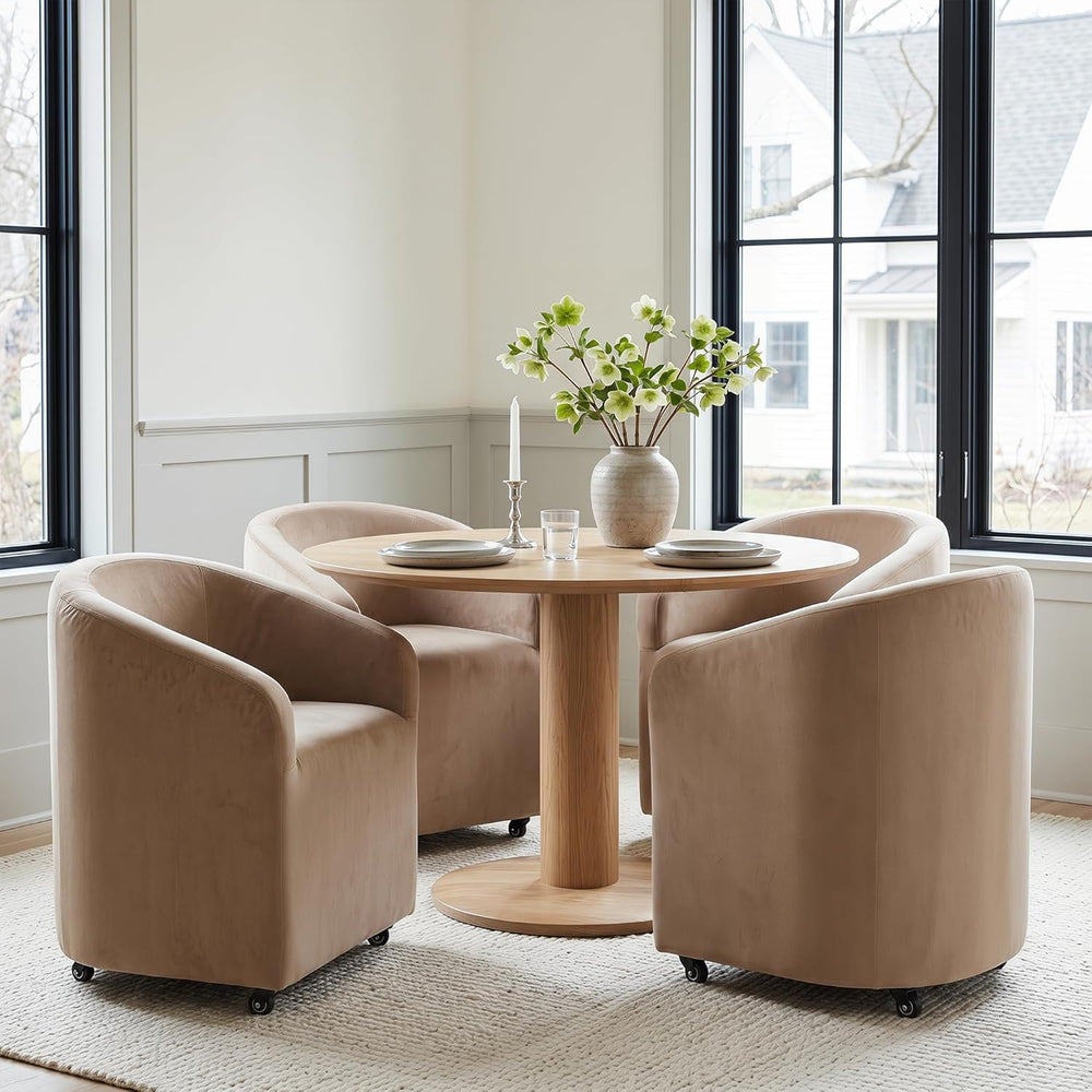 CIMOTA Velvet Khaki Barrel Dining Chairs with Wheels, Set of 4 — Modern Uphol...
