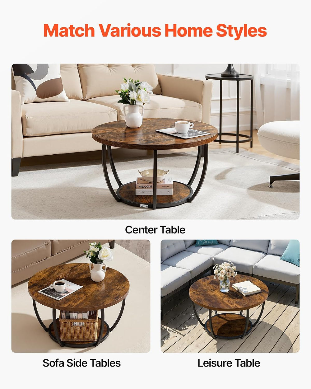 VEVOR Round Coffee Table, 31.5" Modern Coffee Table, 2 Tiers Wooden Circ...