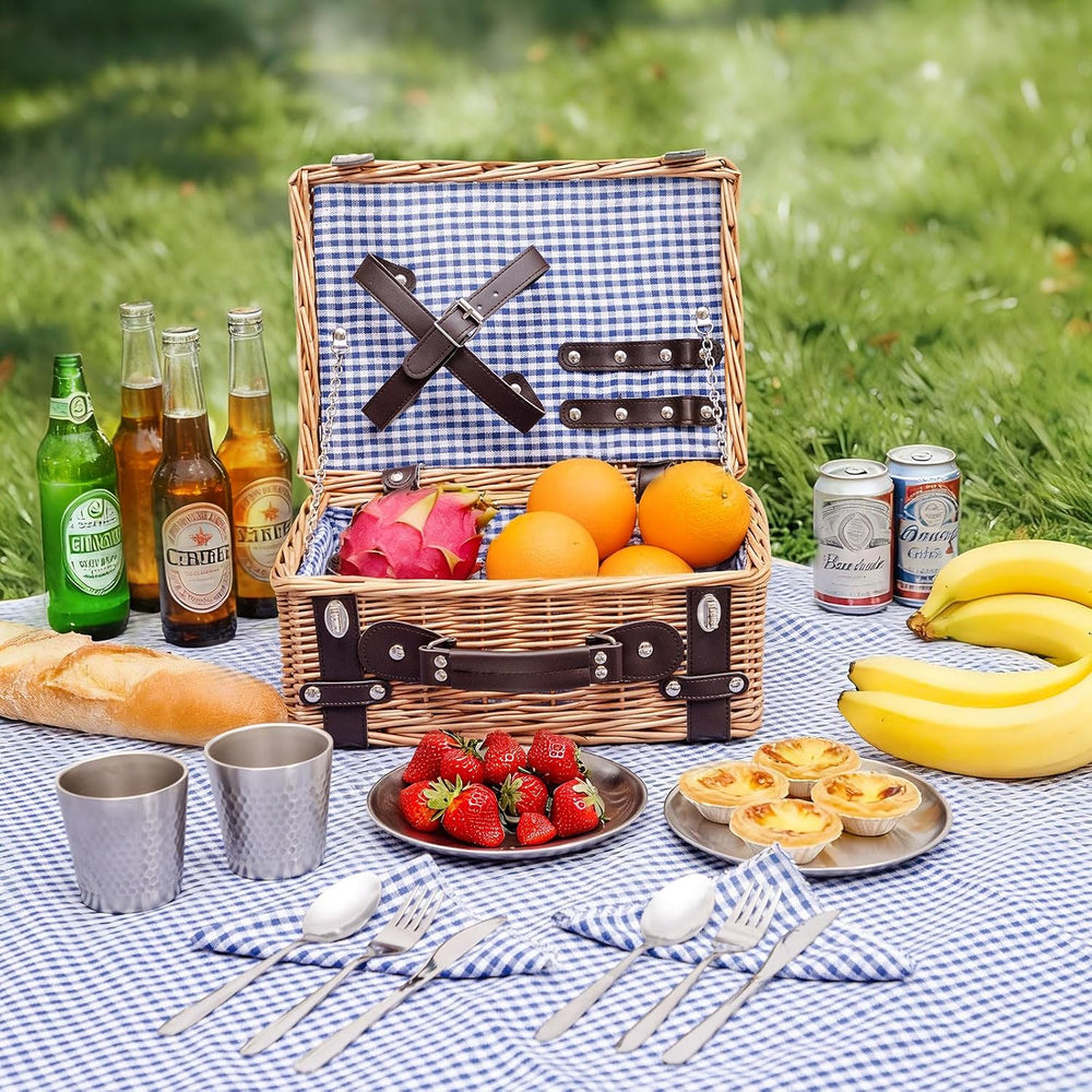 Picnic Basket Set for 2, Wicker Picnic Baskets with Waterproof Blanket and Cu...