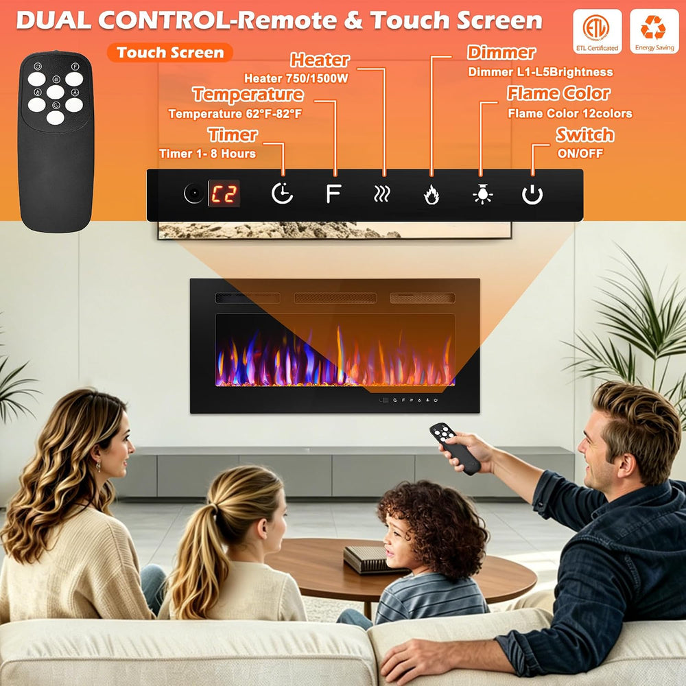 36" Electric Fireplace Wall Mounted and Recessed 750/1500w W/Remote Control