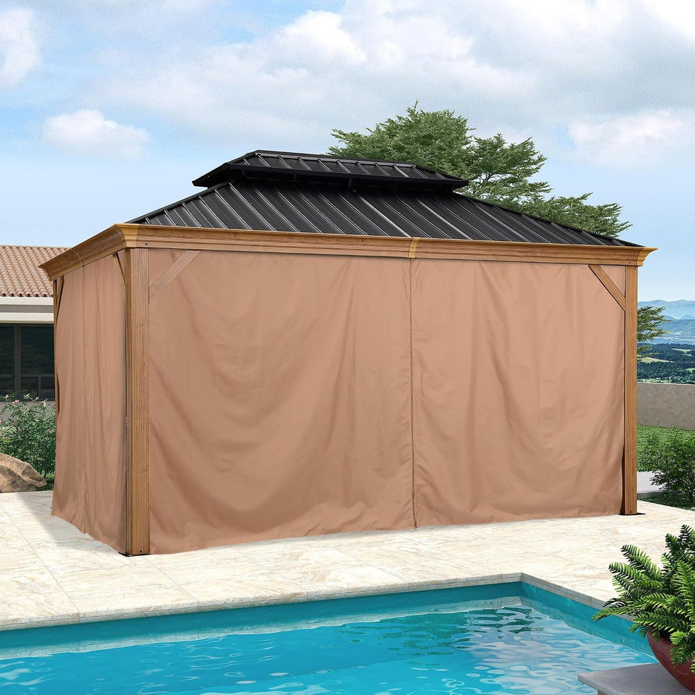 PURPLE LEAF Gazebo 10' x 14' with Khaki Curtain and Netting, Wood Grain