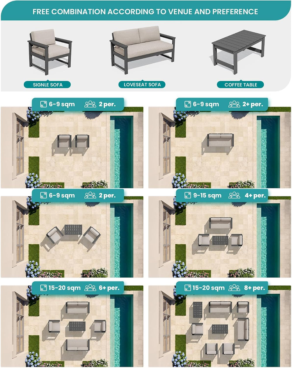 SERWALL 5 Pieces HDPE Outdoor Conversation Sofa Set with Cushion