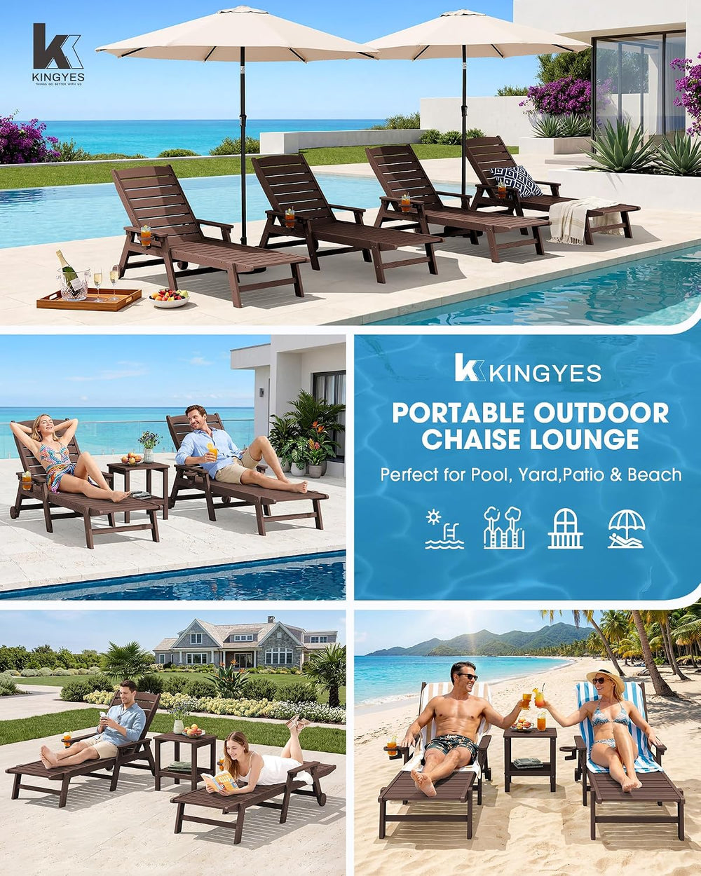 KINGYES HDPE Lounge Chair Outdoor Set of 2, All Weather Pool Lounger