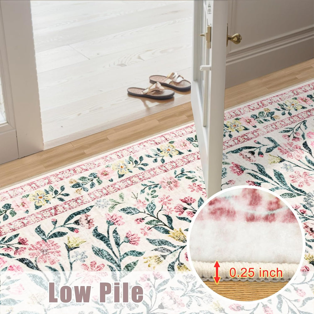 PLHXFR 8x10 Area Rug Living Room: Floral Washable Boho Carpet Pink Green