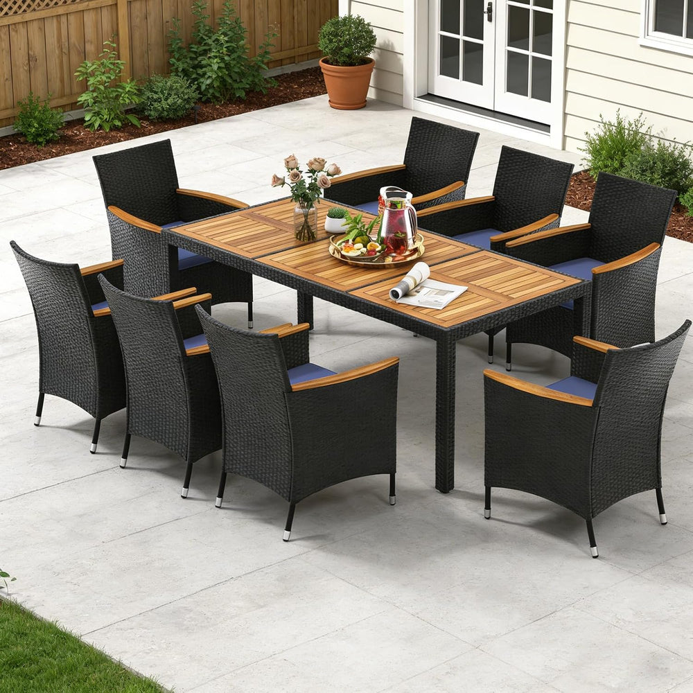COSTWAY 9-Piece Patio Rattan Wicker Dining Set for 8 with Umbrella Hole