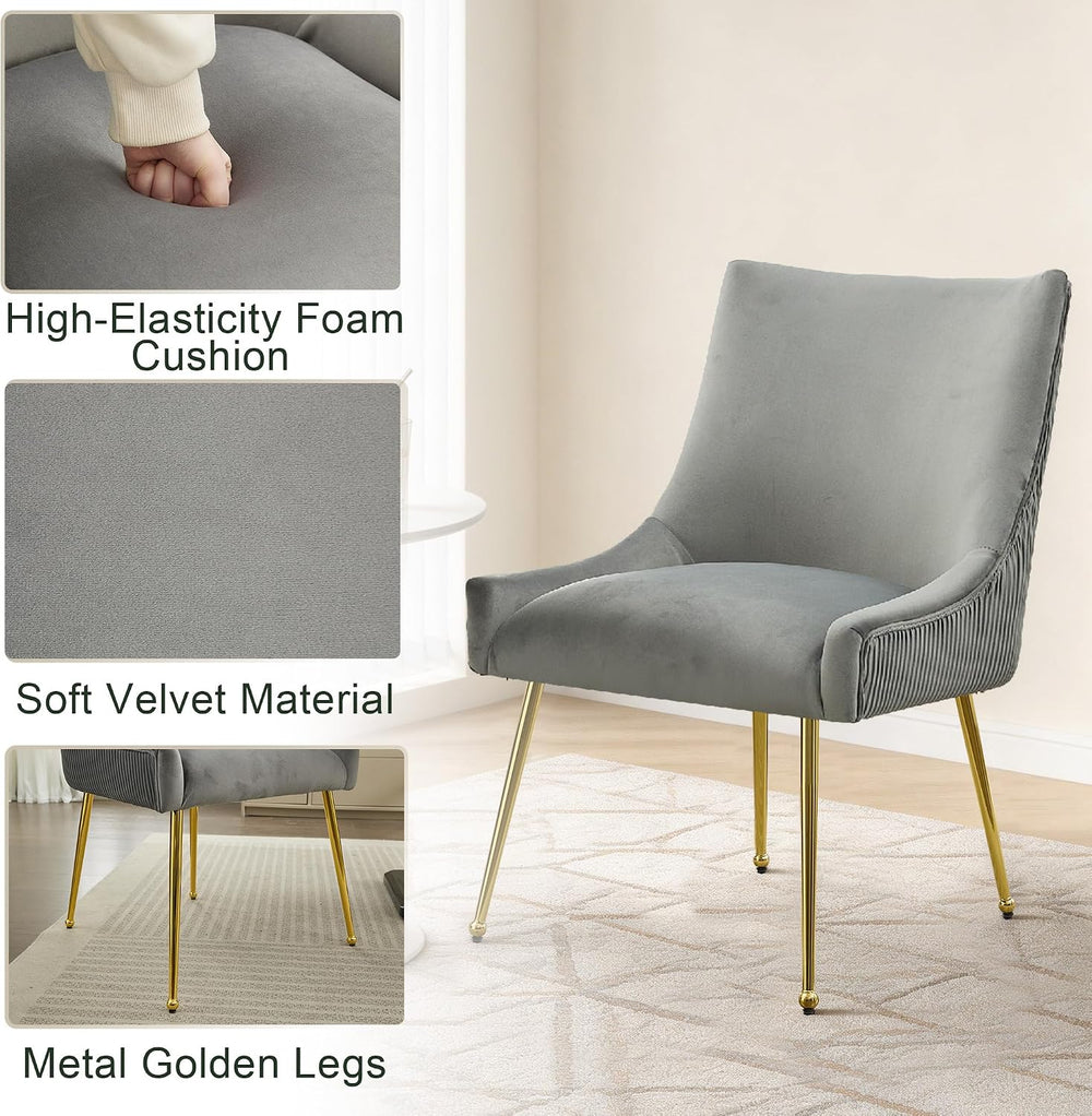 Upholstered Modern Grey Velvet Dining Chairs Set of 4 with Gold Metal Legs