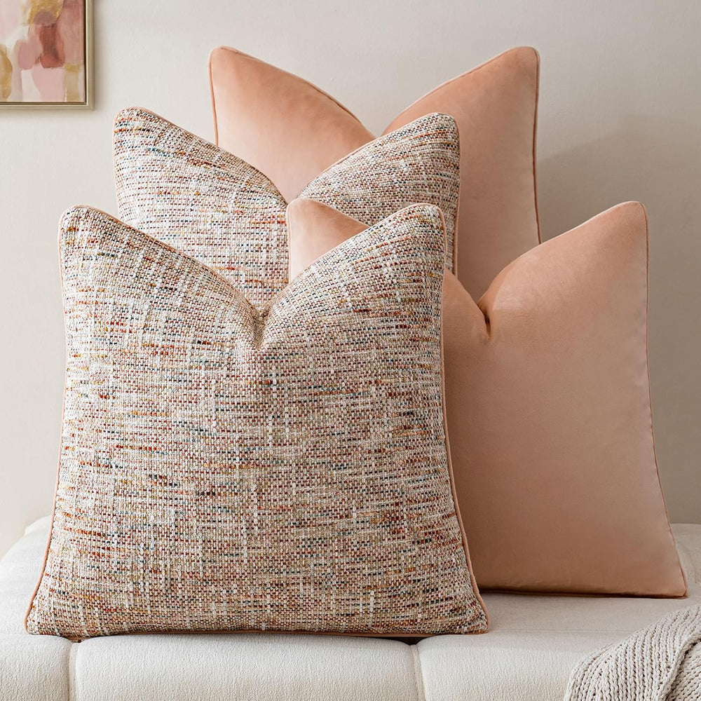 a moment Light Pink 4 Pack Throw Pillow Covers - Chenille & Velvet Set wi...